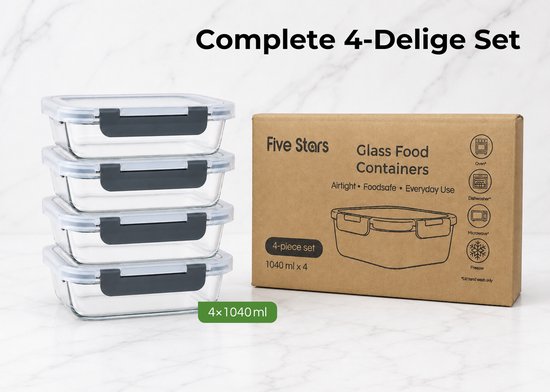 Five Stars® Boîtes de Conservation en Verre - 4 Pièces - Boîtes de Préparation de Repas - Boîtes de Congélation Hermétiques - Avec Couvercle - 1040 ml
