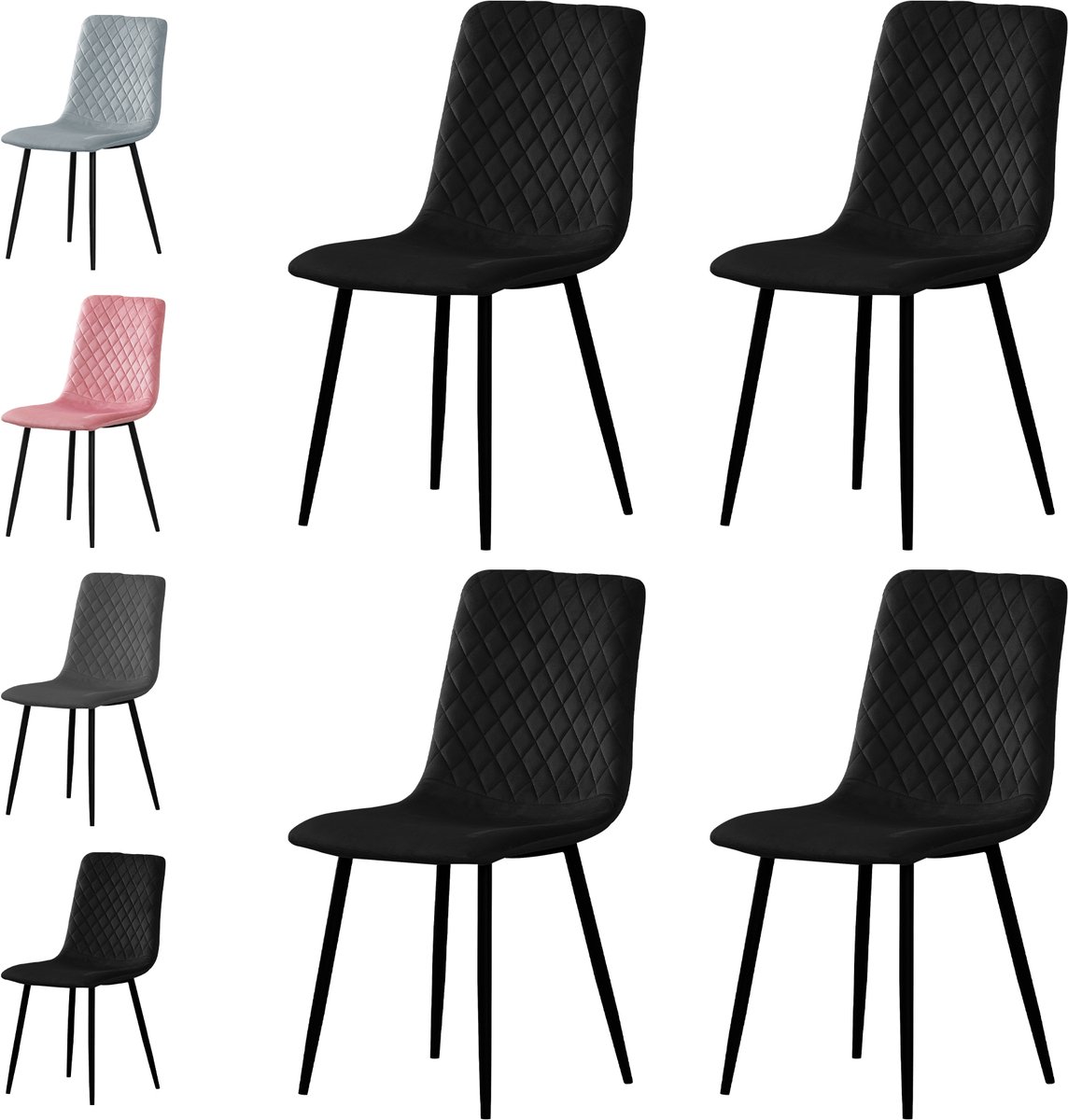 xDays Eetkamerstoelen Set van 4 Zwart - Fluwelen Stoelen met Diamantpatroon - Metalen Poten - Ergonomisch - Krasbestendige Viltjes - 125 kg Draagvermogen
