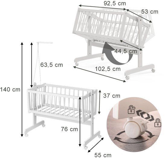 Witte kinderledikant met wielen, afmetingen 102,5 x 53 x 37 cm. Inclusief maatvoering.