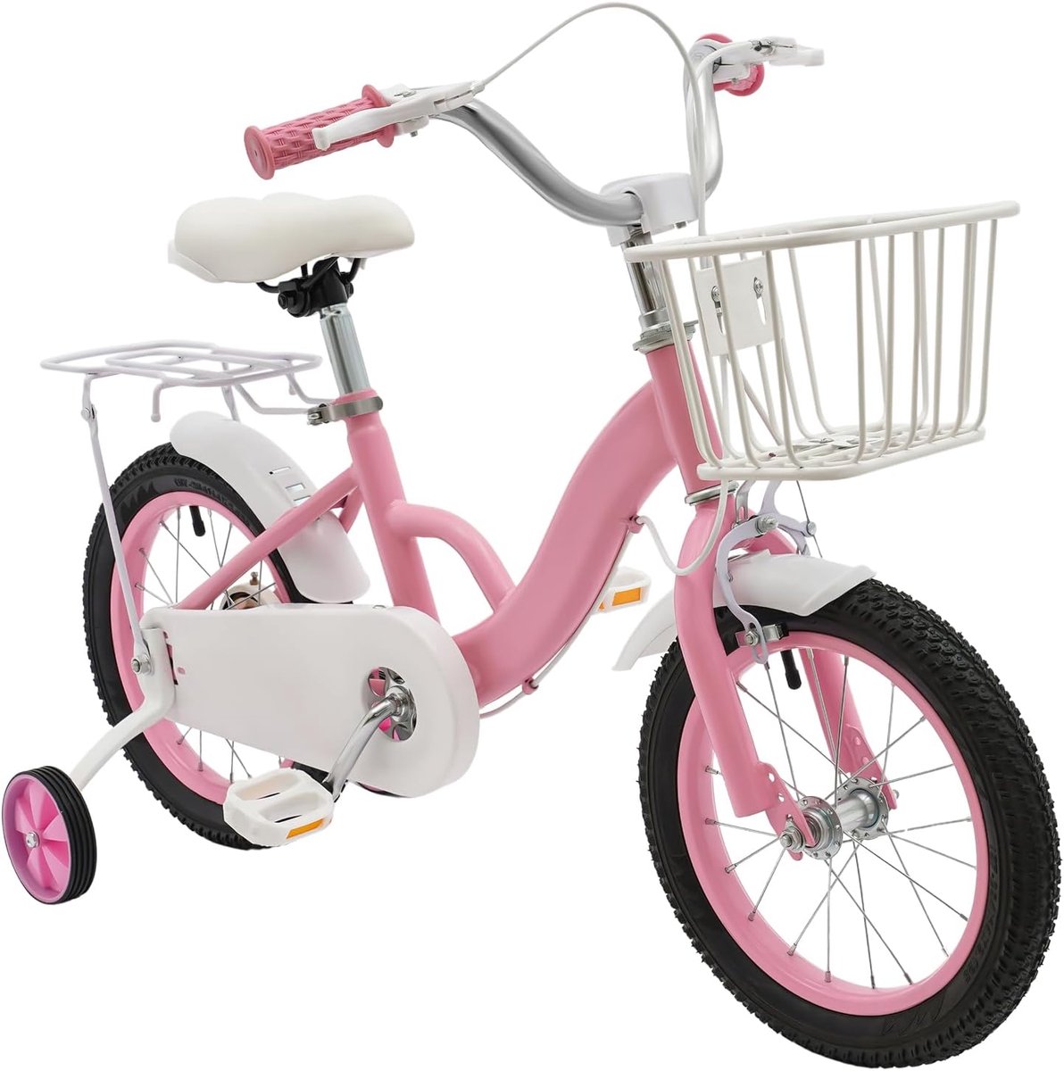Kinderfiets 14 inch Jongensmeisjesfiets Eerste Fietservaring Inclusief Zijwielen Mand 3-7 Jaar Roze