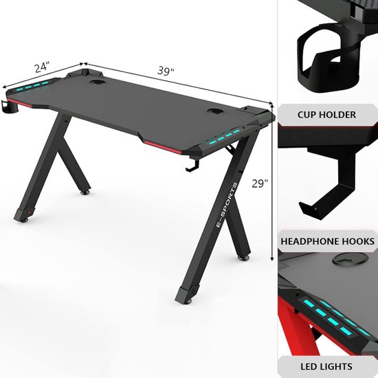 Gaming Bureau - Computer Bureau - Thuiswerken Gamen - Geïntegreerde LED Verlichting - 39 Inch - Zwart — afbeelding 5