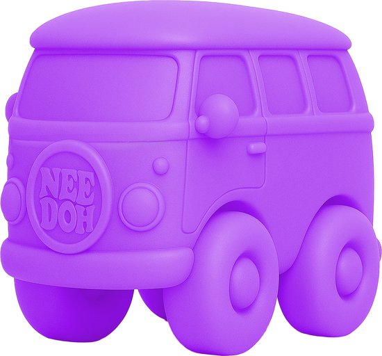 Paarse Volkswagen bus met "NEE DOH" op voorraam