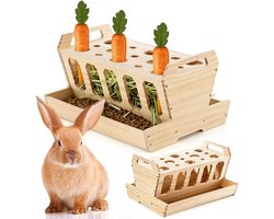 Grote hooi tray voor konijnen en cavia's, natuurlijk hout, voerbak met wortelhouder, 30 x 22 x 18 cm, konijnenaccessoires, cavia voerbak, dierenbenodigdheden