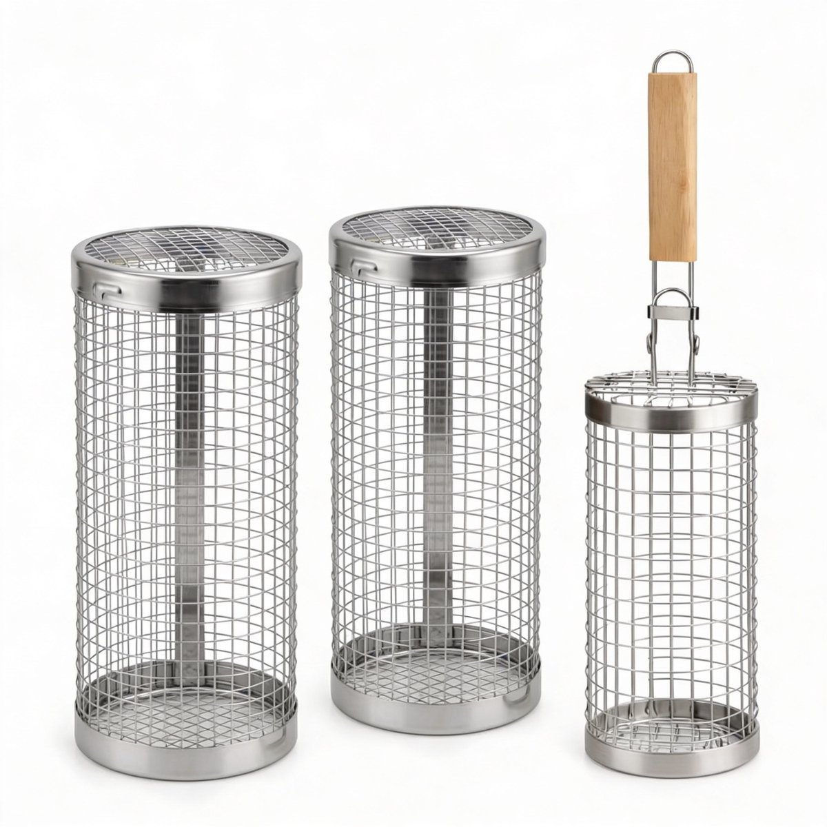 Oneproduct BBQ Grillmand Set - 3 Grillmanden - Inclusief Houten Handvat, Draaihaken & Grillvorkjes - BBQ Accessoires