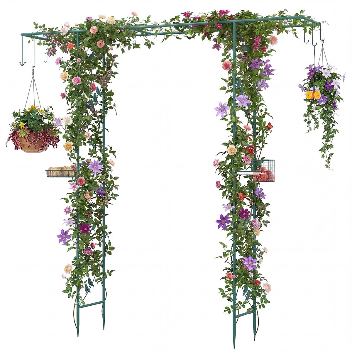 COSTWAY Metalen rozenboog, tuinboog met vogelvoederhuisje, 212 x 40 x 213 cm, poortboog met waterbak, dienblad en ophangset, metalen boog voor vogels en klimplanten, rozenrek voor de tuin (groen)
