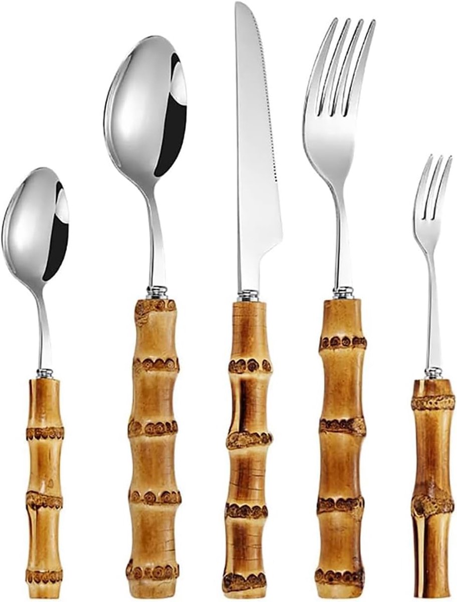 Bestekset Bamboe - Roestvrij Staal Bestek - Familie Diner - Natuurlijk Bamboe Handvat - 18 Personen Set - Zilver