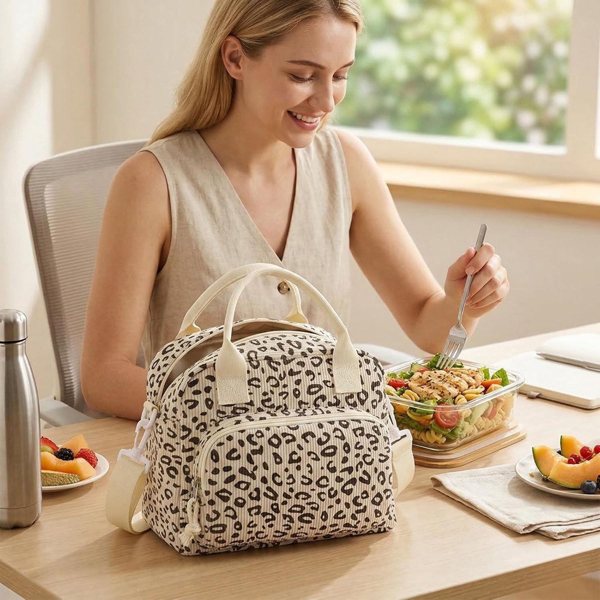 Namajunas - Koeltasje klein - Koeltas 12L - Lunchtas dames - Geïsoleerde tas van ribfluweel - Levensmiddelenecht PEVA-voering - 5-vaks tote bag met afneembare schouderriem - Schoudertas voor kantoor, werk, picknick - Stijlvol en duurzaam — cadeau in Cadeau-ideeën - foto 5