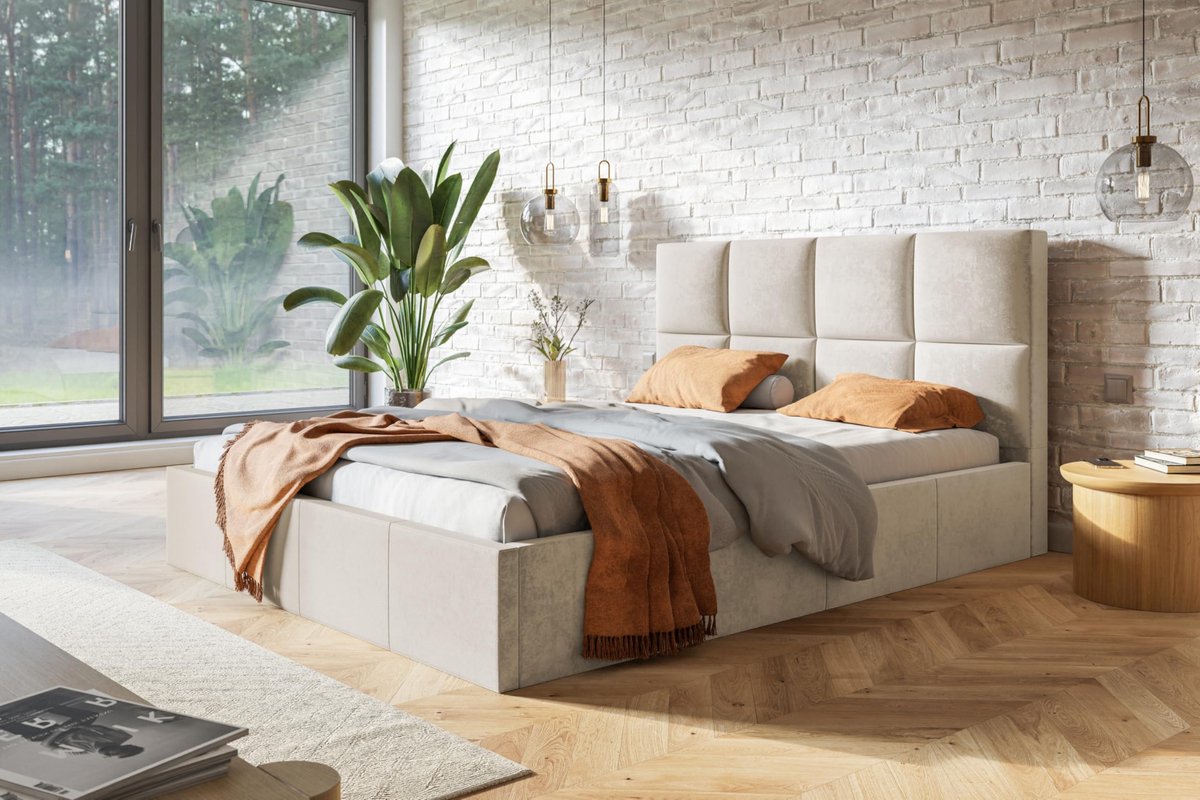 Roma Slim gestoffeerd bed met hoofdeinde, 160 x 200 cm, tweepersoonsbed met bedlade en lattenbodem van hout, kleur: beige, veloursstof