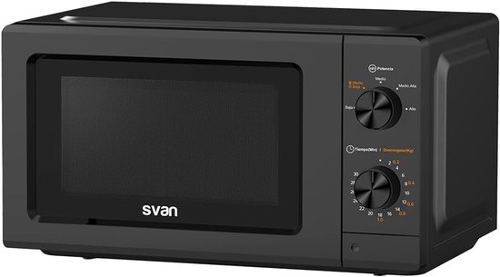 Zwarte Svan magnetron met bedieningsknoppen voor vermogen en tijd/ontdooifunctie. Tekst: 'Potencia', 'Tiempo(Min) | Descongelar(Kg)'.