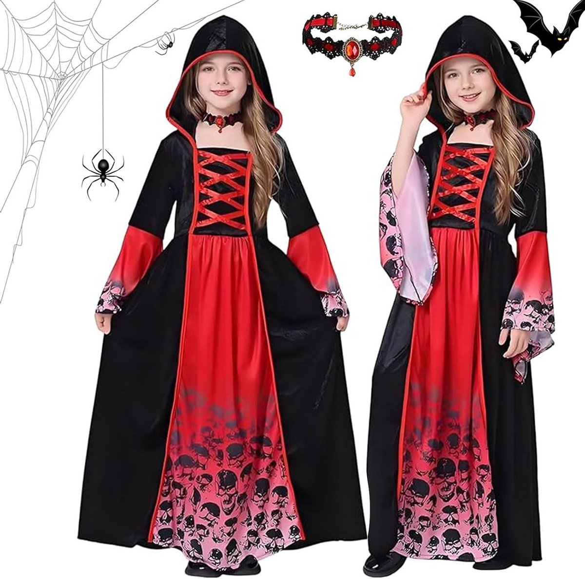 Vampier jurk voor meisjes in rood en zwart met capuchon, perfect voor Halloween, carnaval en feestelijke gelegenheden