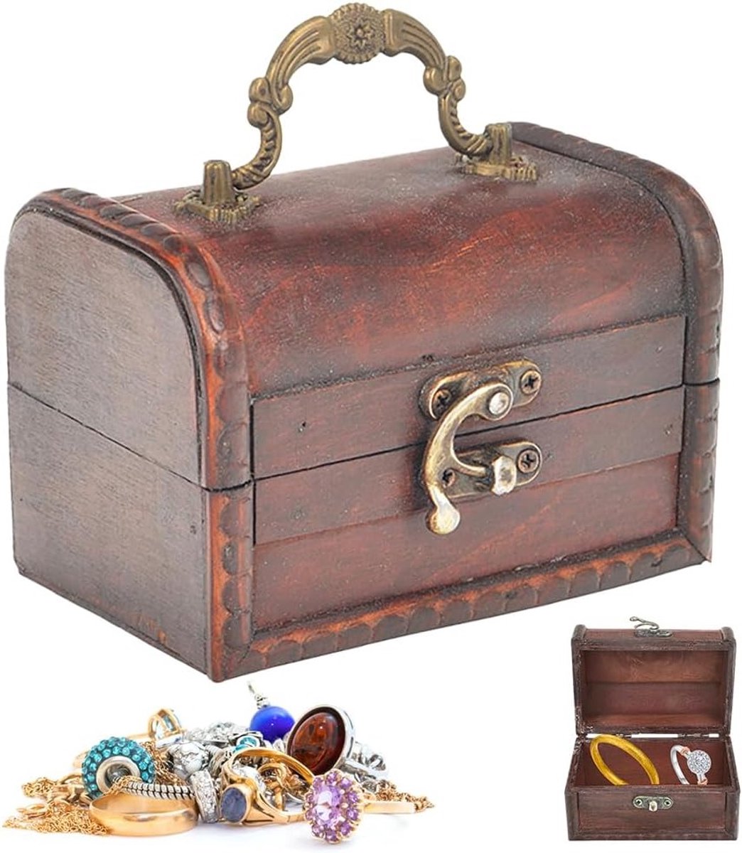 Decoratieve Houten Schatkist met Slot - Vintage Opbergkist voor Sieraden en Decoratie (12x8.5x8.5 cm)