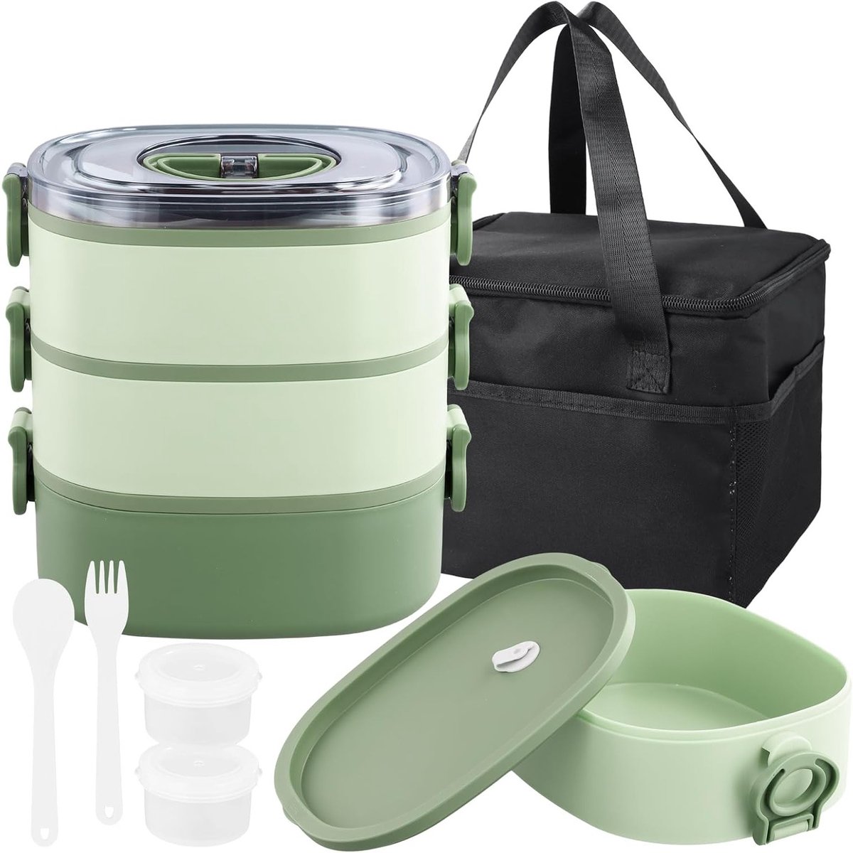 3-in-1 Broodtrommel met Vakken en Zak, Lekvrije Lunchbox Stapelbaar