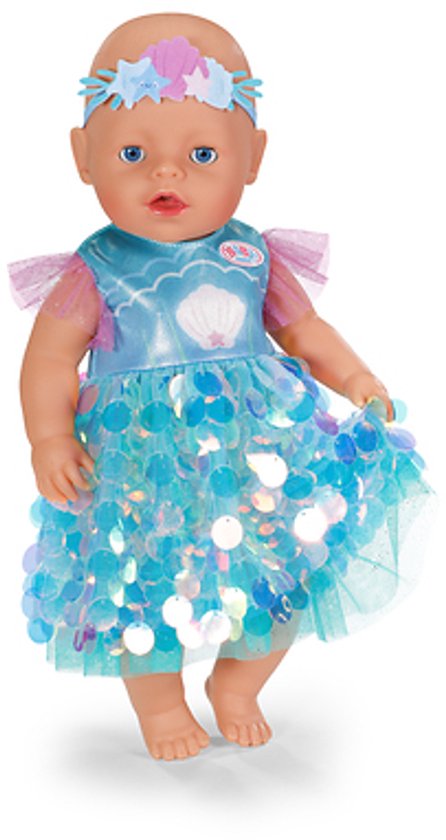 Baby pop met hoofdband, blauwe zeemeerminnenjurk met pailletten.