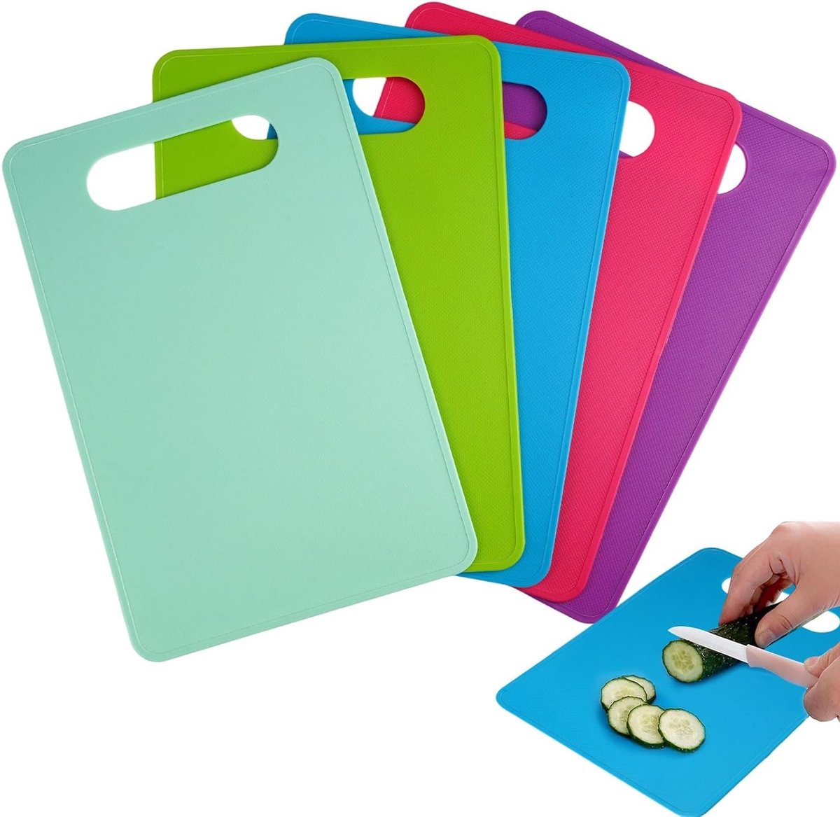 Set van 5 Plastic Snijplanken in Kleurrijke Ontwerpen, Antislip Snijplanken voor Vlees, Groenten en Fruit, Geschikt voor Vaatwasser, 29x19 cm