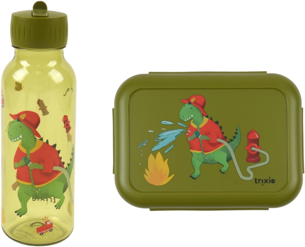 Bundel Trixie Back to School set - Lunchbox/Drinkfles 500ml - Fireman Mr. Dino