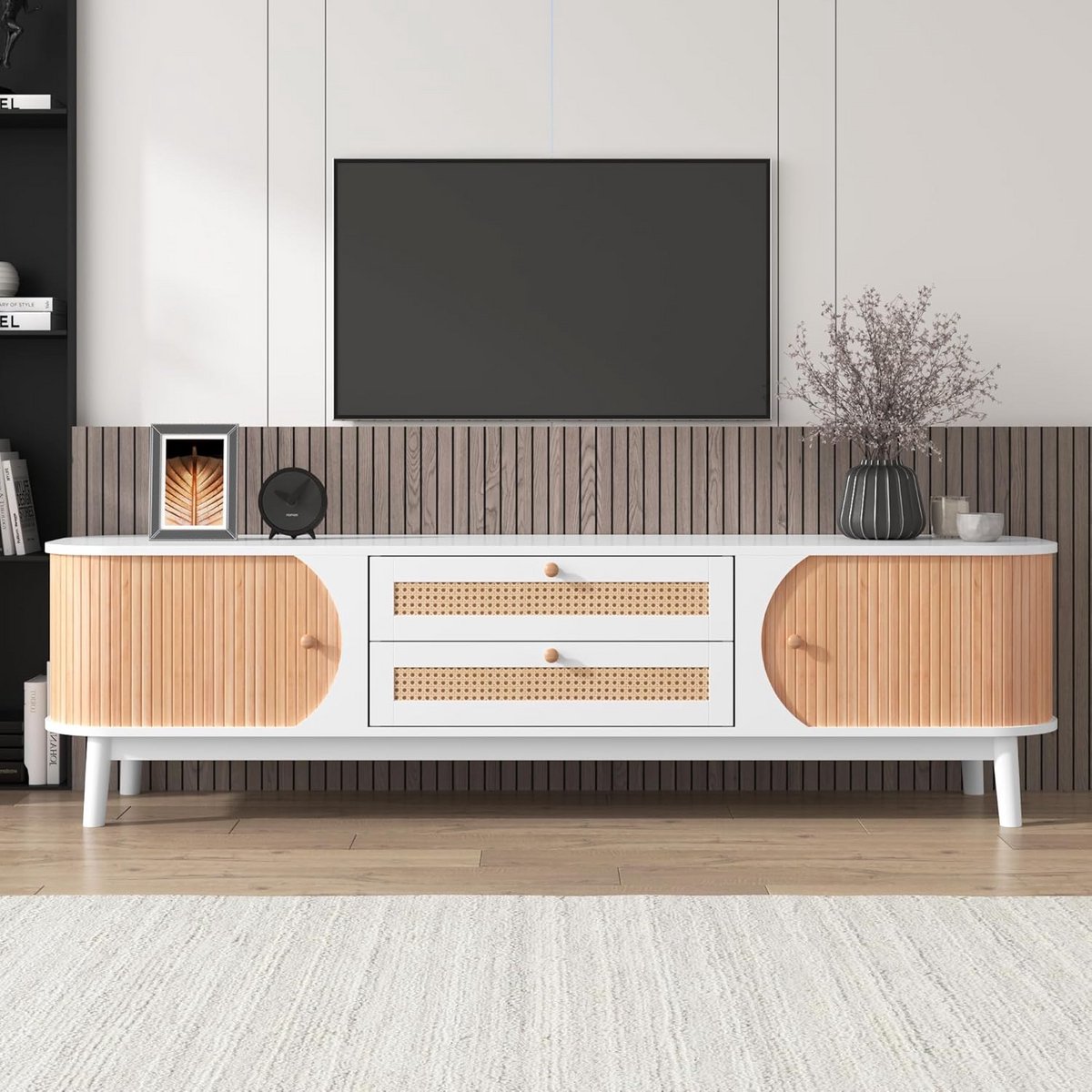 Tv-standaard met rotan zijkanten en massief hout - wit en houtkleur - 170 cm