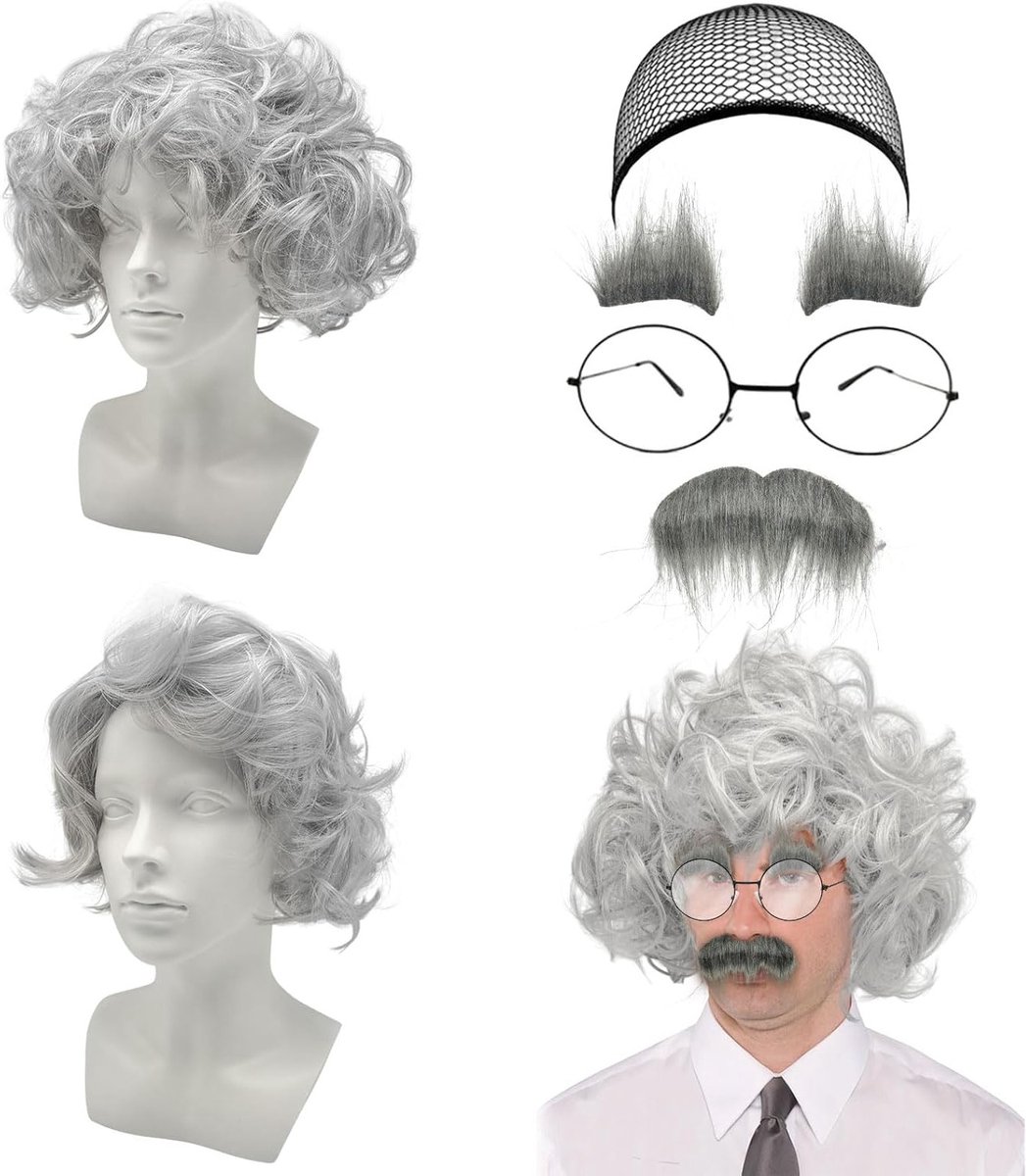 Vijfdelige kostuumset voor opa met grijze baard, bril en haarnet voor Halloween en carnaval, ideaal voor verkleedpartijen en cosplay evenementen