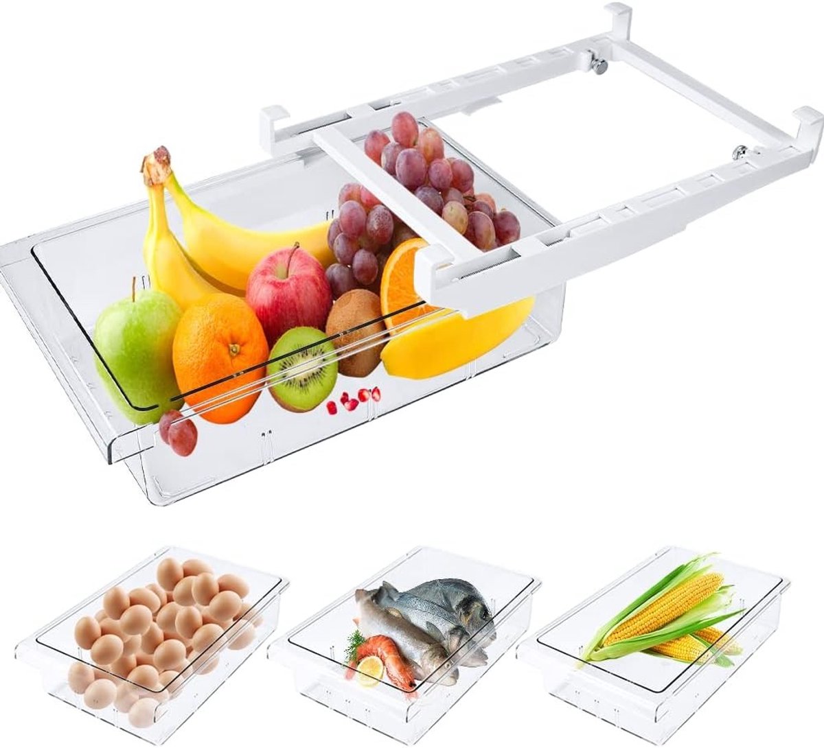 Uitbreidbare koelkastorganizer met transparante opbergdozen voor fruit en groenten, handige lade met handvat voor optimale ruimtebesparing
