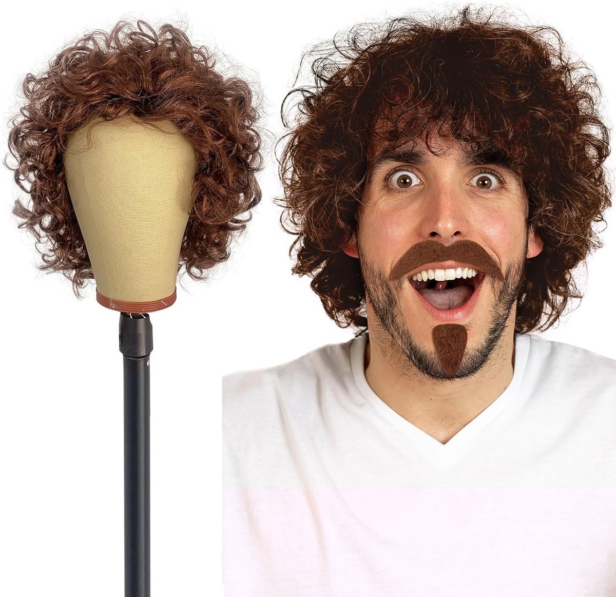 Bruine Krullende Peruk voor Mannen met Snor - Retro Haaraccessoire voor Carnaval, Kostuumfeesten en Hippie Looks uit de Jaren 60, 70 en 80