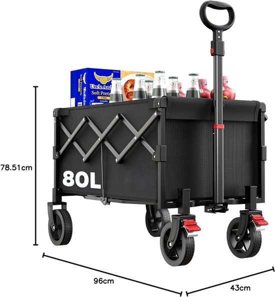 SNJY® Bolderkar Opvouwbaar - Strandkar - Boodschappenkar - Tot 100 KG - 80 Liter - 96D x 43B x 78,5H cm - Zwart van Merkloos — afbeelding 2