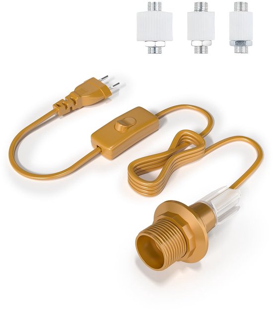 Cordon d'alimentation de lampe doré avec interrupteur, prise et douille. Trois adaptateurs de bouchon blancs au-dessus.