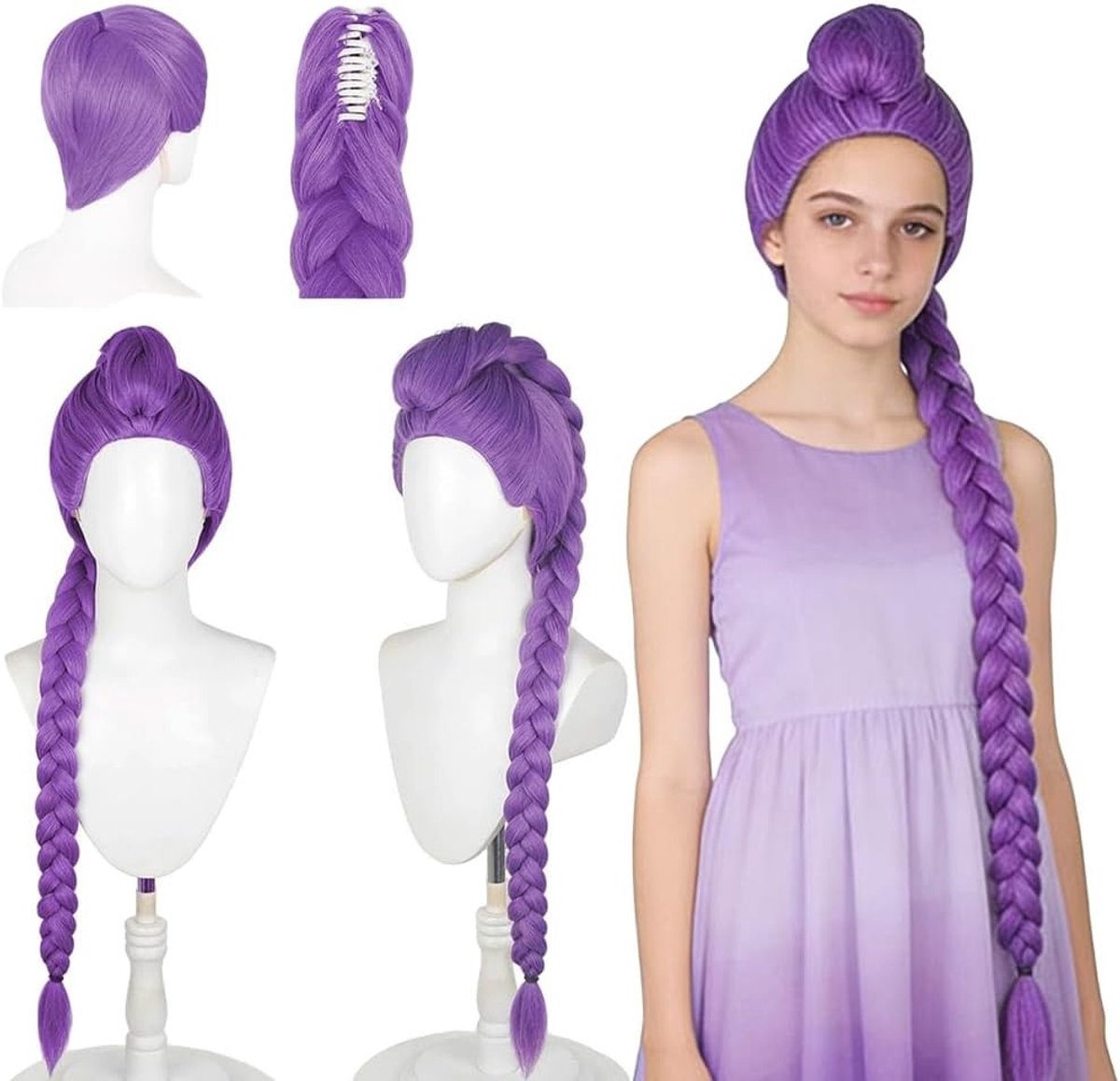 Lange paarse cosplay pruik met vlecht voor kostuum, perfect voor fantasy en evenementen