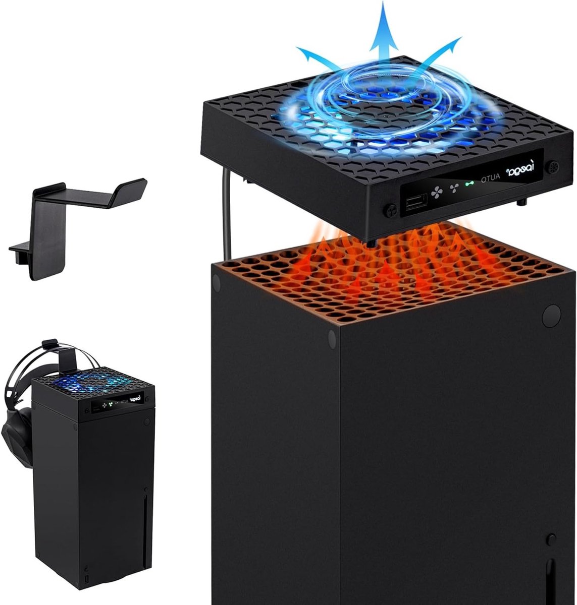 Koelventilator voor Xbox Series X met 3 Snelheidsniveaus en RGB Verlichting - Inclusief Hoofdtelefoonhouder - Zwart