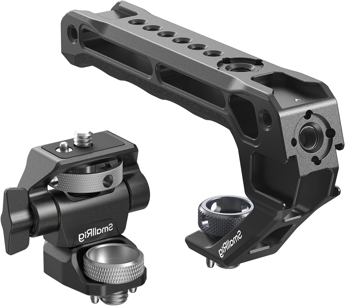 Tophandle met monitorbevestigingskit, 3/8"-16 positioneringsgaten voor ARRI, 1/4"-20 schroefgat, 360° draaibaar en 180° verstelbare kanteling voor videoproductie en fotografie