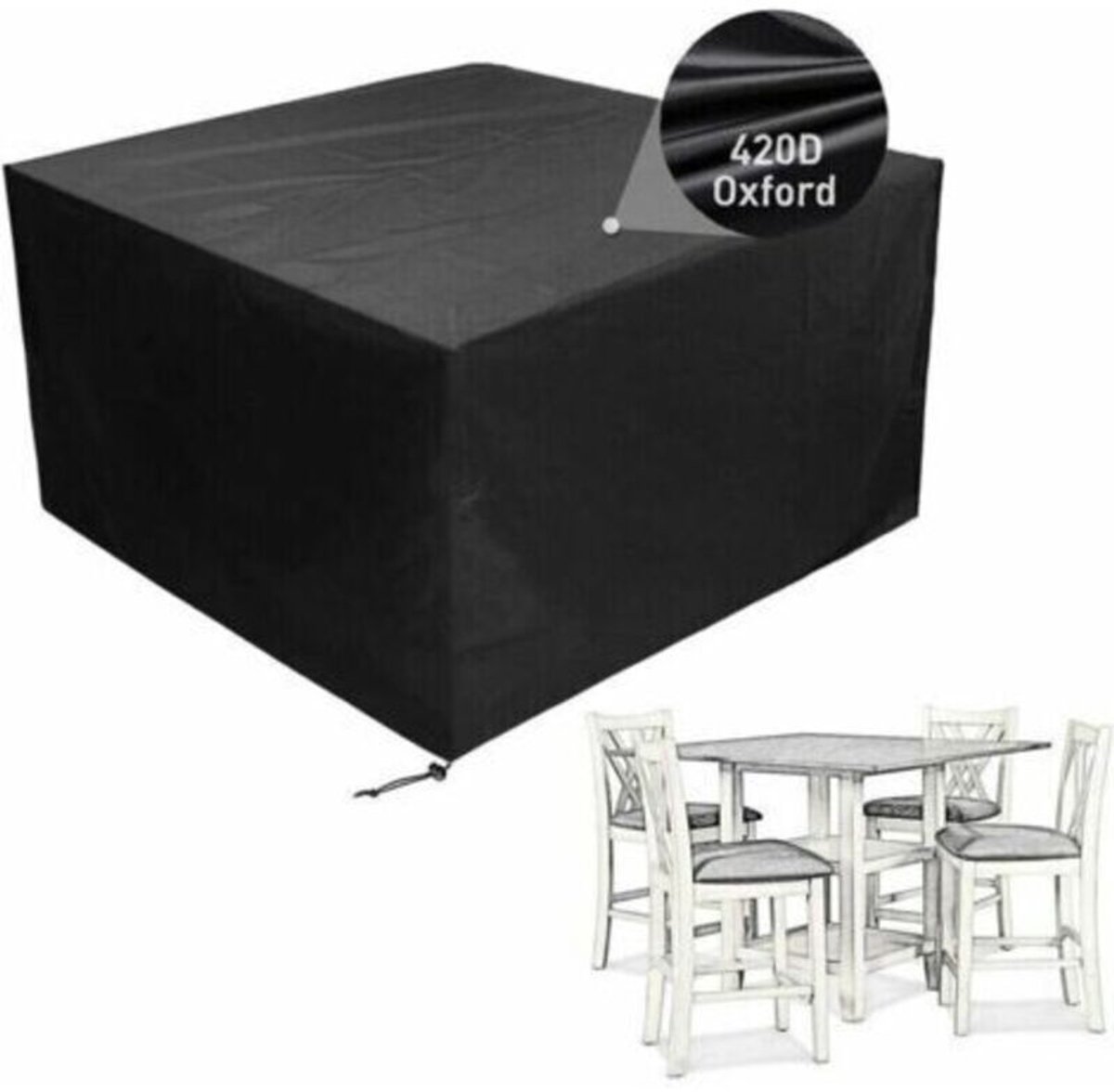 De beschermhoes voor de vierkante tafel en het tuinmeubilair is gemaakt van waterdicht Oxford-doek, dat UV-bestendig en weerbestendig is, en heeft een afgeschikt vooring van 135x135x74 cm.