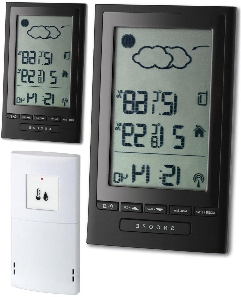 Draadloos weerstation - Weersvoorspeller - Binnenklimaat beheren - Met 2 displays - Bereik 75m - Zwart