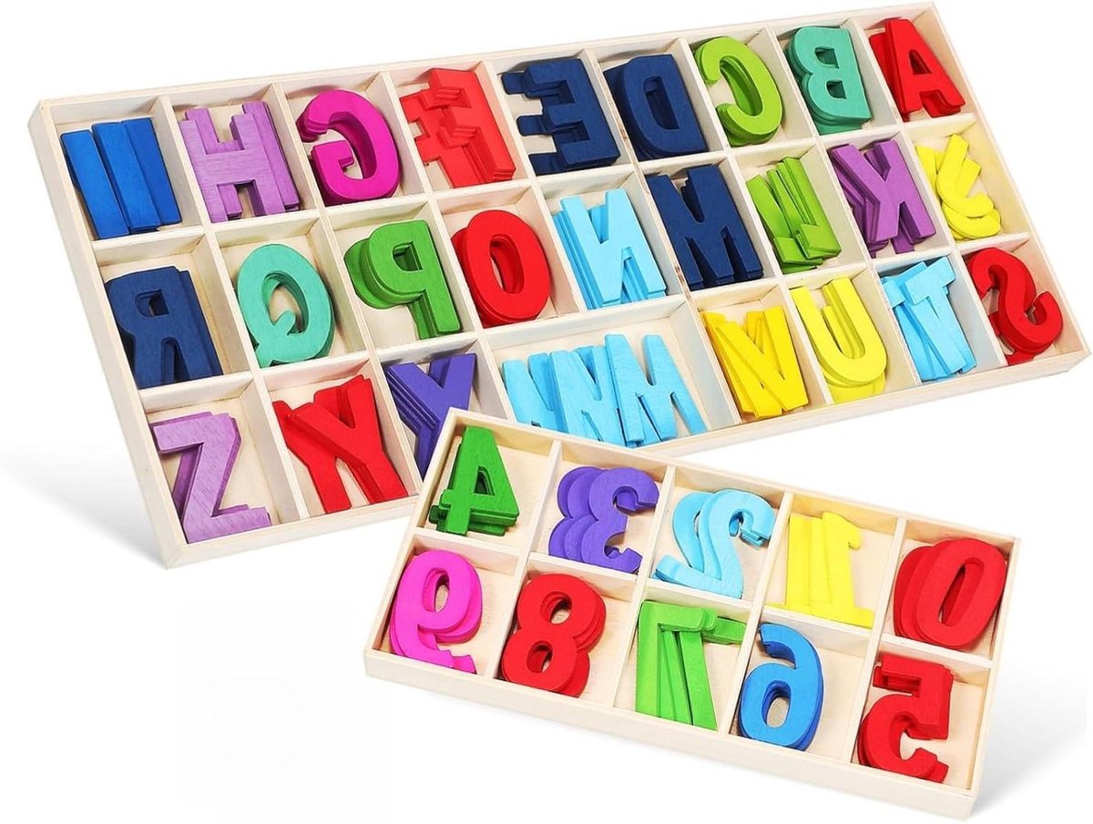Houten Alfabet Cijfers - Educatieve Blokken - Vroeg Leren - Natuurlijk Hout - 30x12.4x2cm - Multicolor