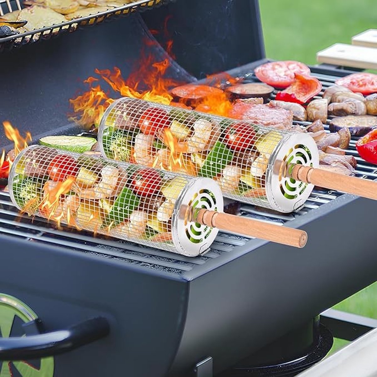 2-pack roestvrijstalen grillmand met houten handvat
