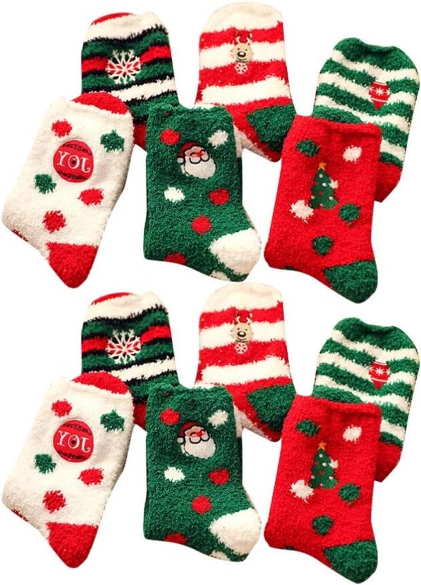 Fuzzy Kerstsokken - Warme Sokken - Comfortabel Ontspannen - Extra Zacht Materiaal - 6 Paar - Kerstprint