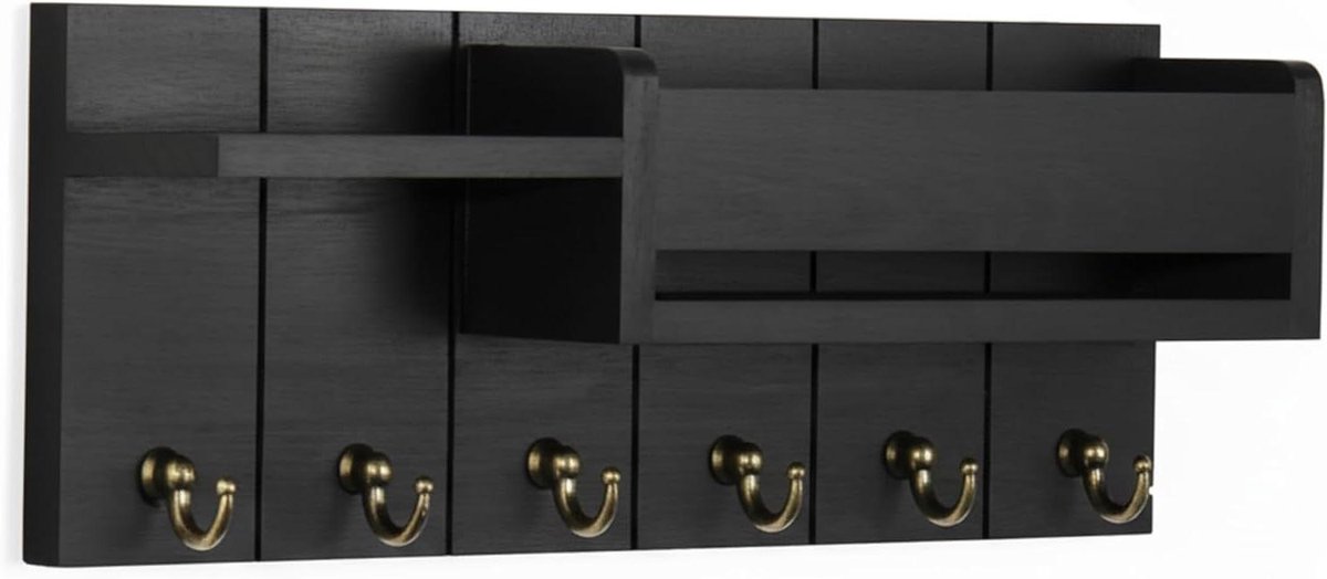 Sleutelplank Hout - Wandrek Organizer - Entree Opbergen - Met Mandje - 33 cm Lengte - Zwart