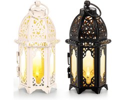 Goaste 2 Pack Marokkaanse stijl kaars lantaarn, kleine theelicht kaarsenhouder met transparante glazen panelen, 15,5 cm hangende lantaarn buiten voor Ramadan, Halloween decoratieve metalen lamp voor