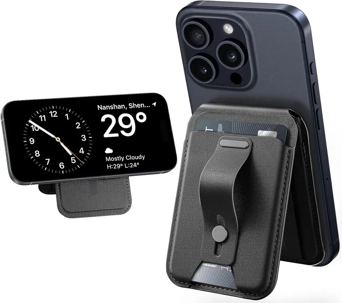 ESR Grip Wallet Stand | Magnetische Kaarthouder | Compatibel met MagSafe en HaloLock | Pasjeshouder voor 5 Pasjes | Portemonnee | Standaard | Vingerlus | Zwart