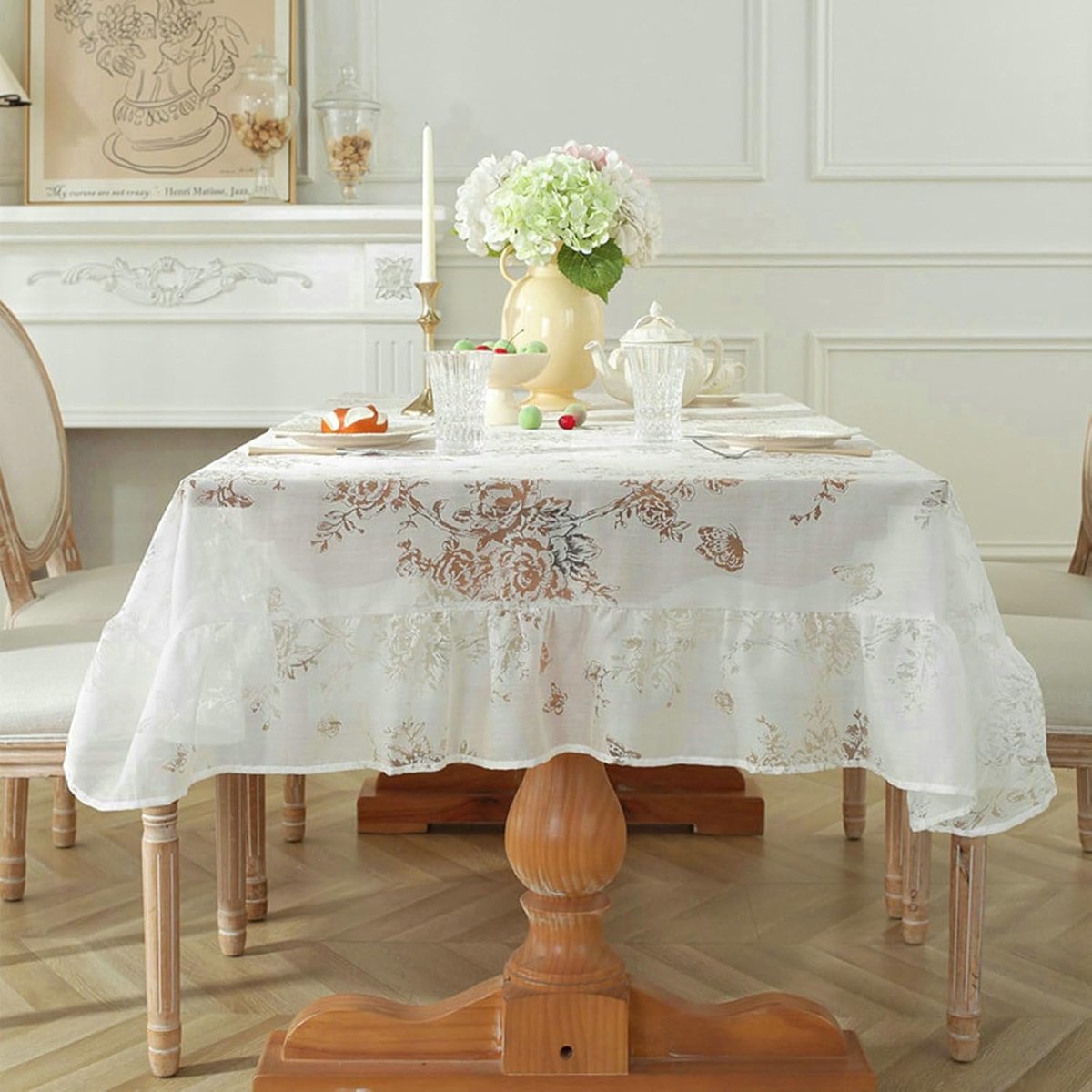 Tafelkleed - Tafellaken - Eetkamer Decoratie - Bloemen Print - 140 x 180 cm - Wit