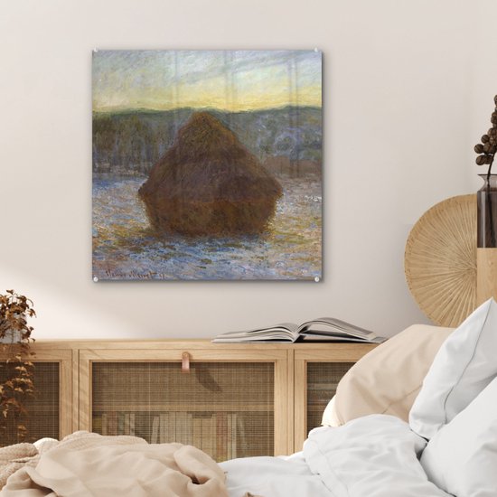® Glasschilderij 50x50 cm - Schilderij acrylglas - Hooiberg (dooi, zonsondergang) - Claude Monet - Foto op glas - Muurdecoratie woonkamer - Wanddecoratie slaapkamer - Schilderijen