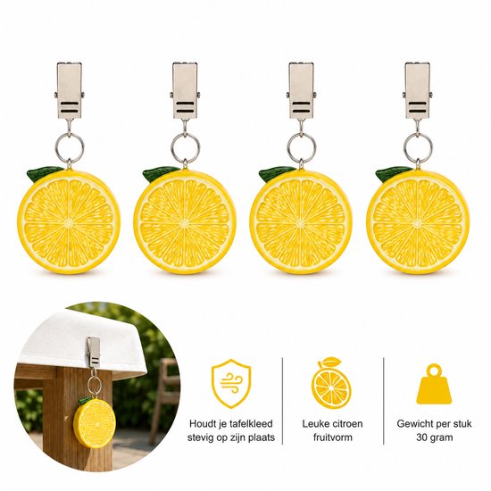 Poids de Nappe Tranches de Citron – Lot de 4 pièces – Poids de Nappe Fruités avec Pince – Pour Extérieur, Jardin, Camping et Terrasse – Polyrésine