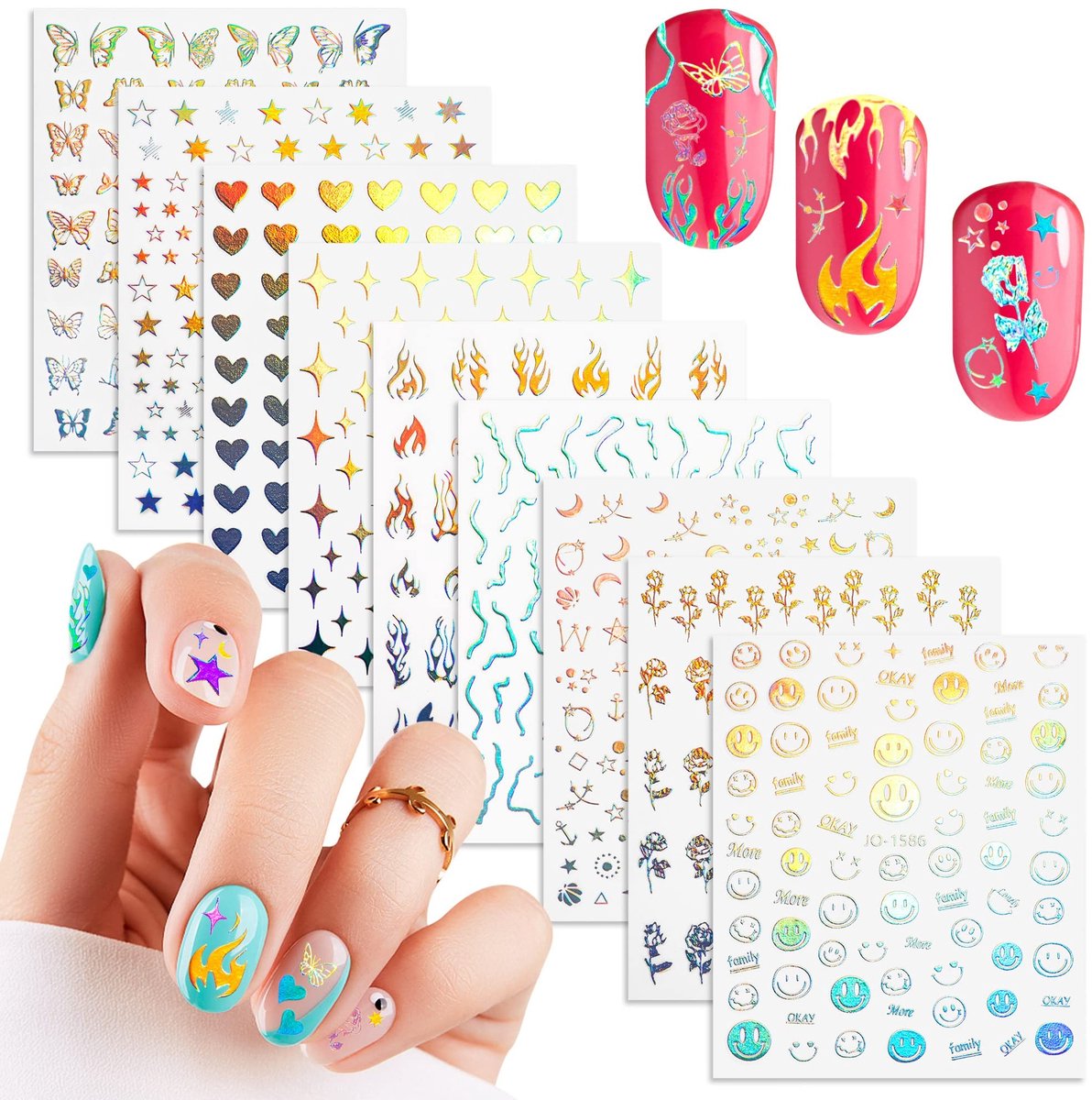 aladdien - Laserzilveren nagelstickers - 3D holografische nail art - Zelfklevend - Glanzend - Decoratie voor nagels - Voor doe-het-zelf nagelkunst