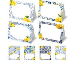 Set van 48 citroen-thema plaatskaartjes voor bruiloften en feesten - Amalfikust decoratie met 4 ontwerpen en premium papieren etiketten voor diners en vrijgezellenfeesten