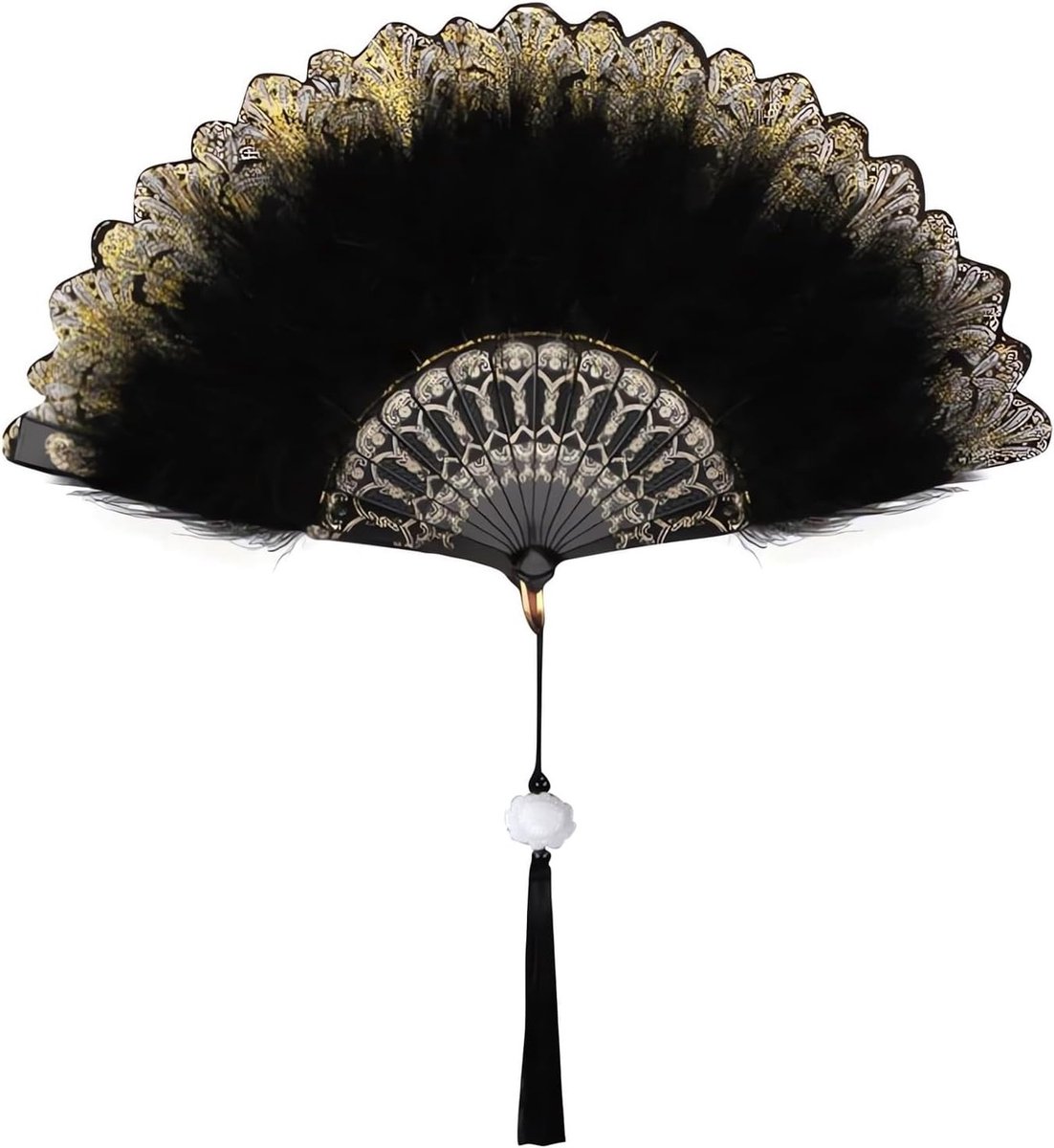 Vintage 1920s Hand Fan in Zwart met Veertjes voor Halloween Feestkostuum en Decoratie