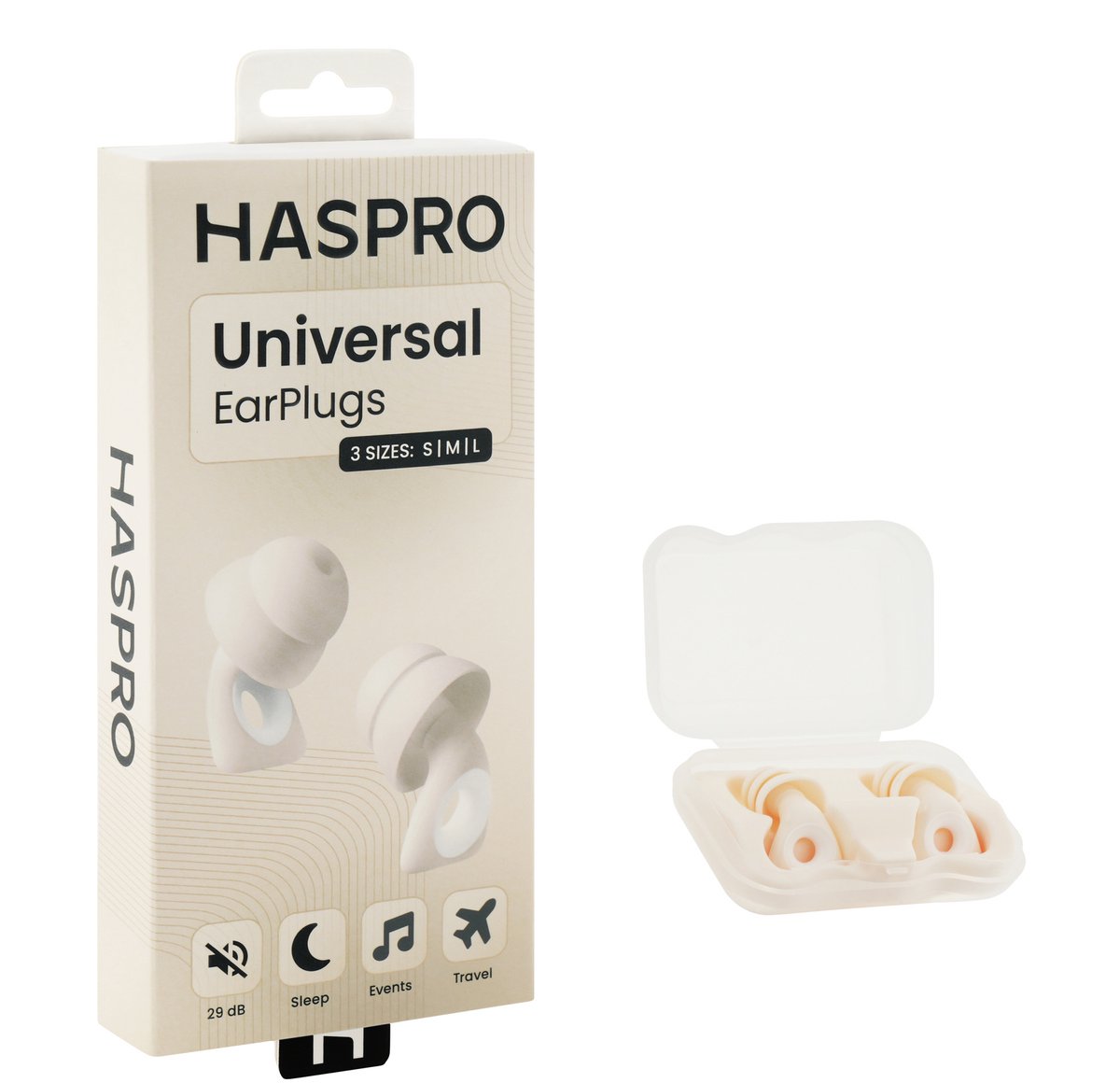 Haspro Herbruikbare Siliconen Oordoppen – SNR 29 dB – Geluidsdempende Oordoppen voor Slapen, Reizen & Werken – Inclusief S/M/L Tips & Opbergcase – Sand Beige