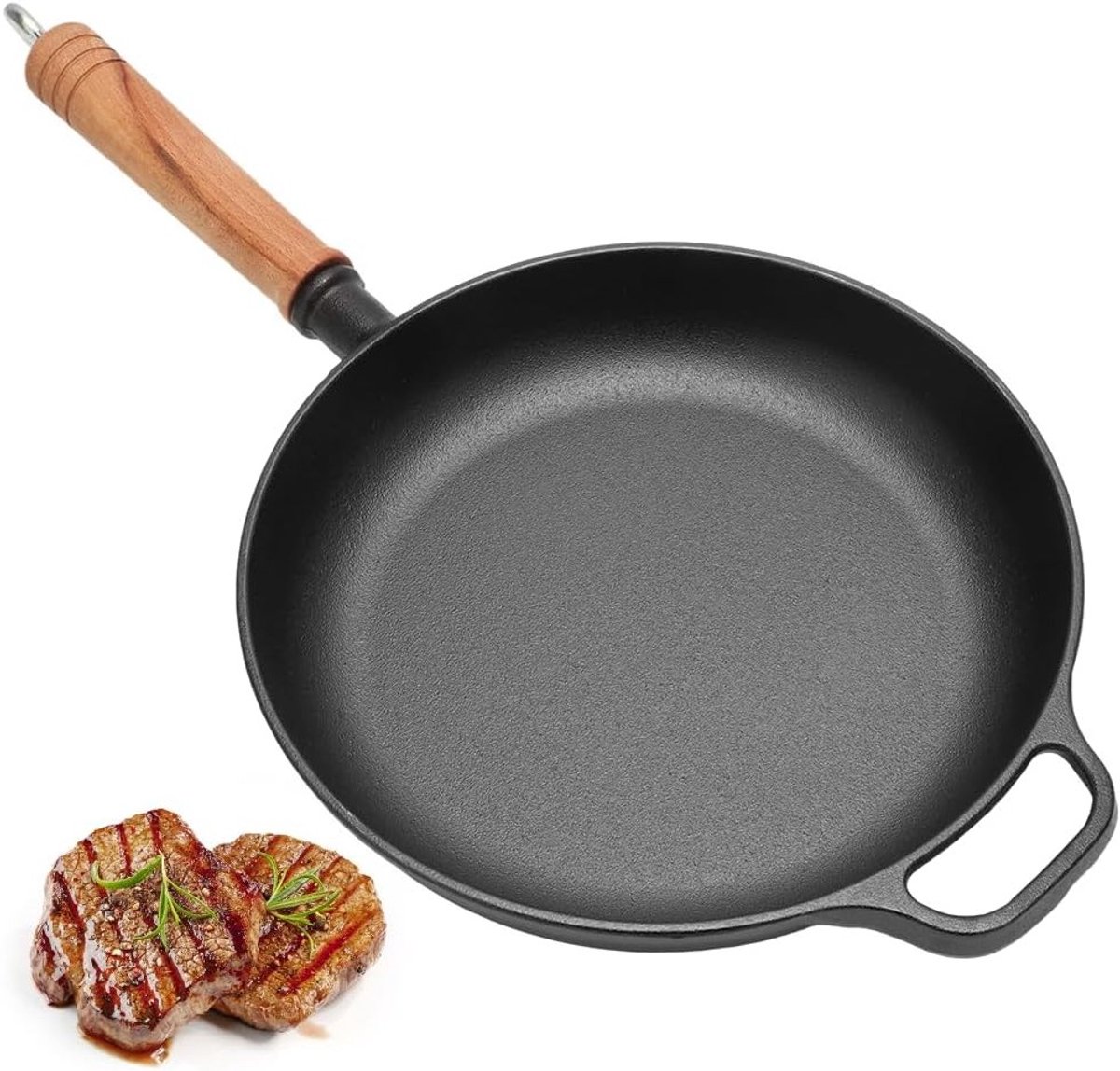 Gietijzeren Koekenpan 27 cm - Antiaanbak Grillpan met Houten Handvat voor Gasfornuis en Ovengebruik