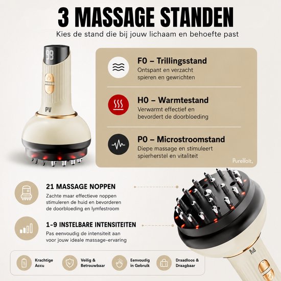 Crèmekleurig massageapparaat met gouden details, display '99' en rode LED's. Uitleg over 3 massage standen.