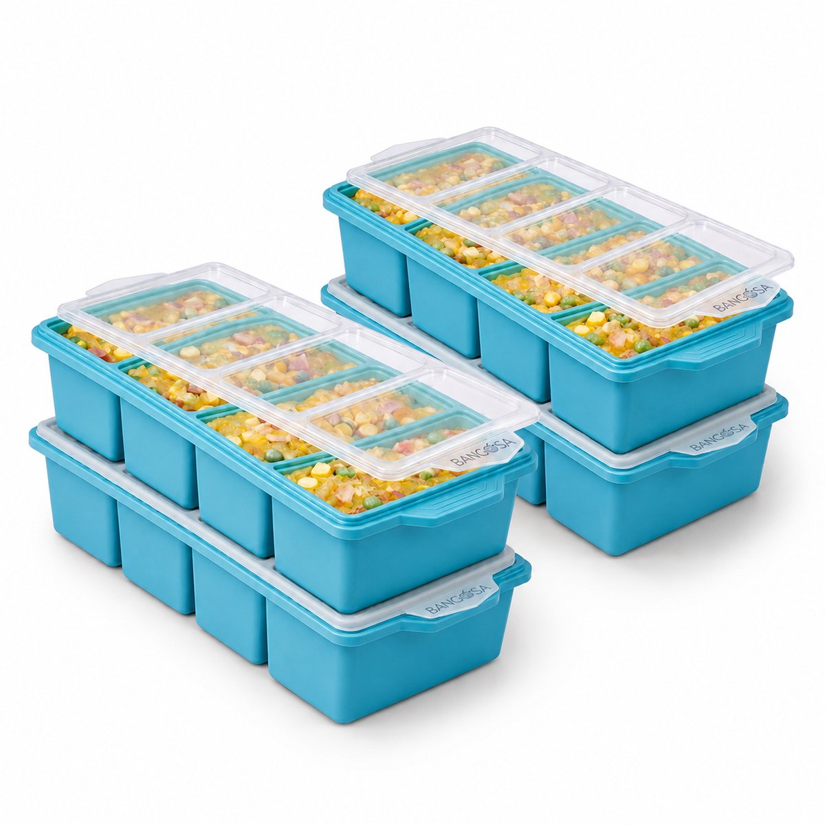 Bangosa - Siliconen diepvriesbakjes met deksel - Meal prep bakje – soep diepvriesbakjes - Silicone vriezer tray met deksel - diepvriesdozen bewaardozen - 4 vakjes- 4 stuks - Blauw