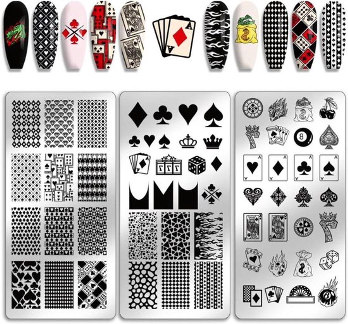 Stempelplaten voor Nail Art Designs met Poker Elementen en Clubs