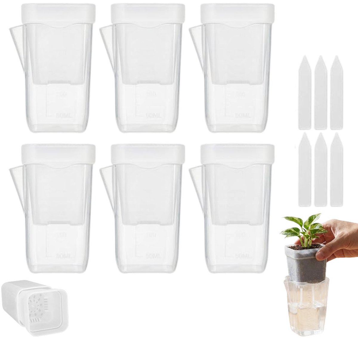 6 stuks - Zaadjesbak - Plantenpot - Mini zelfwaterende bloempot - Transparant - Groot - Plastic bloempot - Semi-waterstofpot - Met plantenlabel en waterabsorberende kern - Met drainagegat en waterniveau-indicator