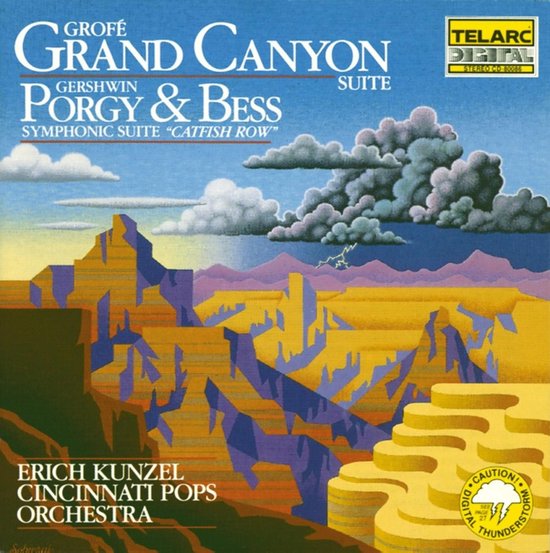 Albumhoes met een abstracte weergave van het Grand Canyon, met donkere wolken en bliksem.