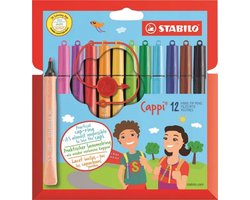 STABILO Cappi - Viltstift - Nooit Meer Je Dop Kwijt Dankzij De Dopring - Etui Met 12 Kleuren + 1 Dopring